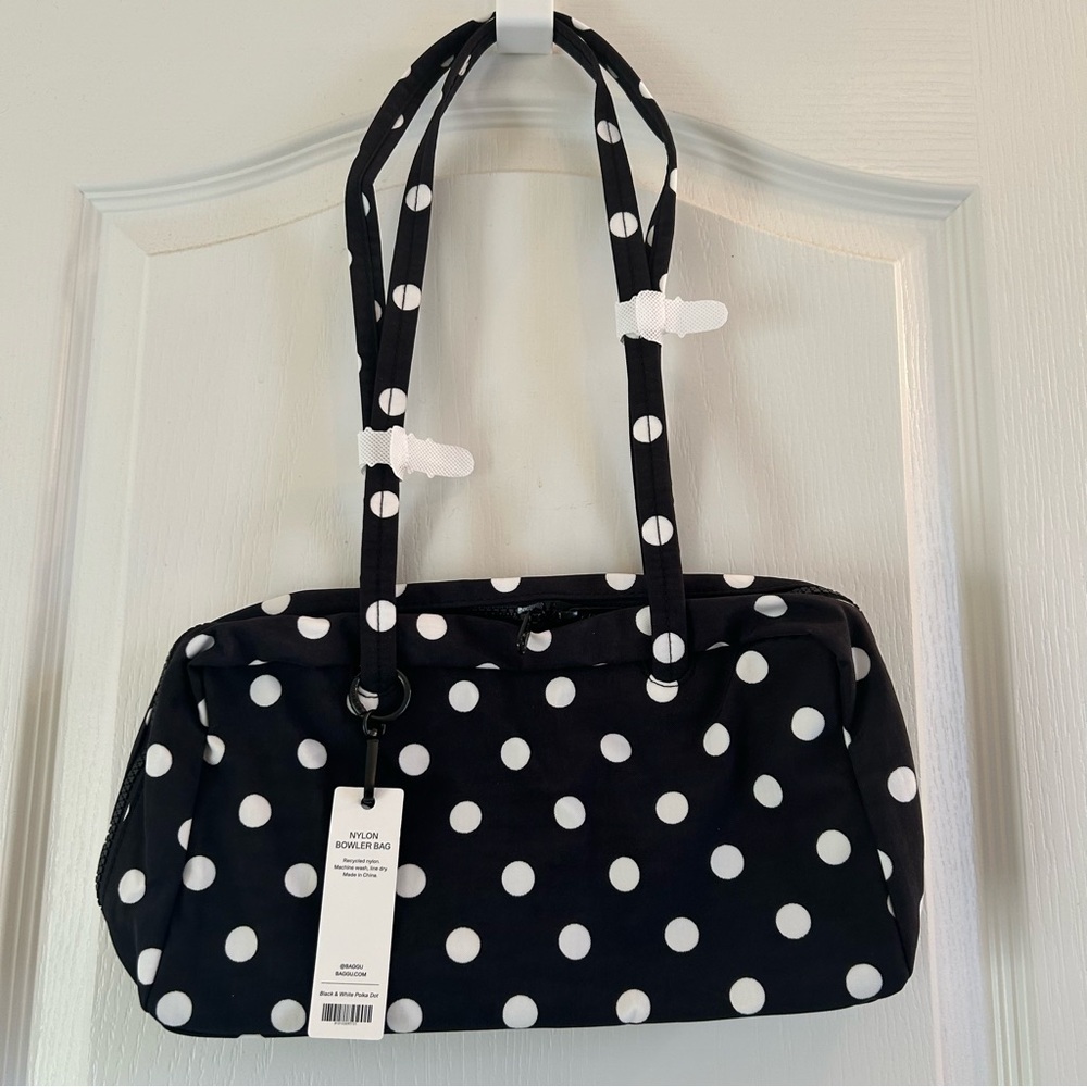 NEW BAGGU Black and White Polka Dot Nylon Bowler Bag